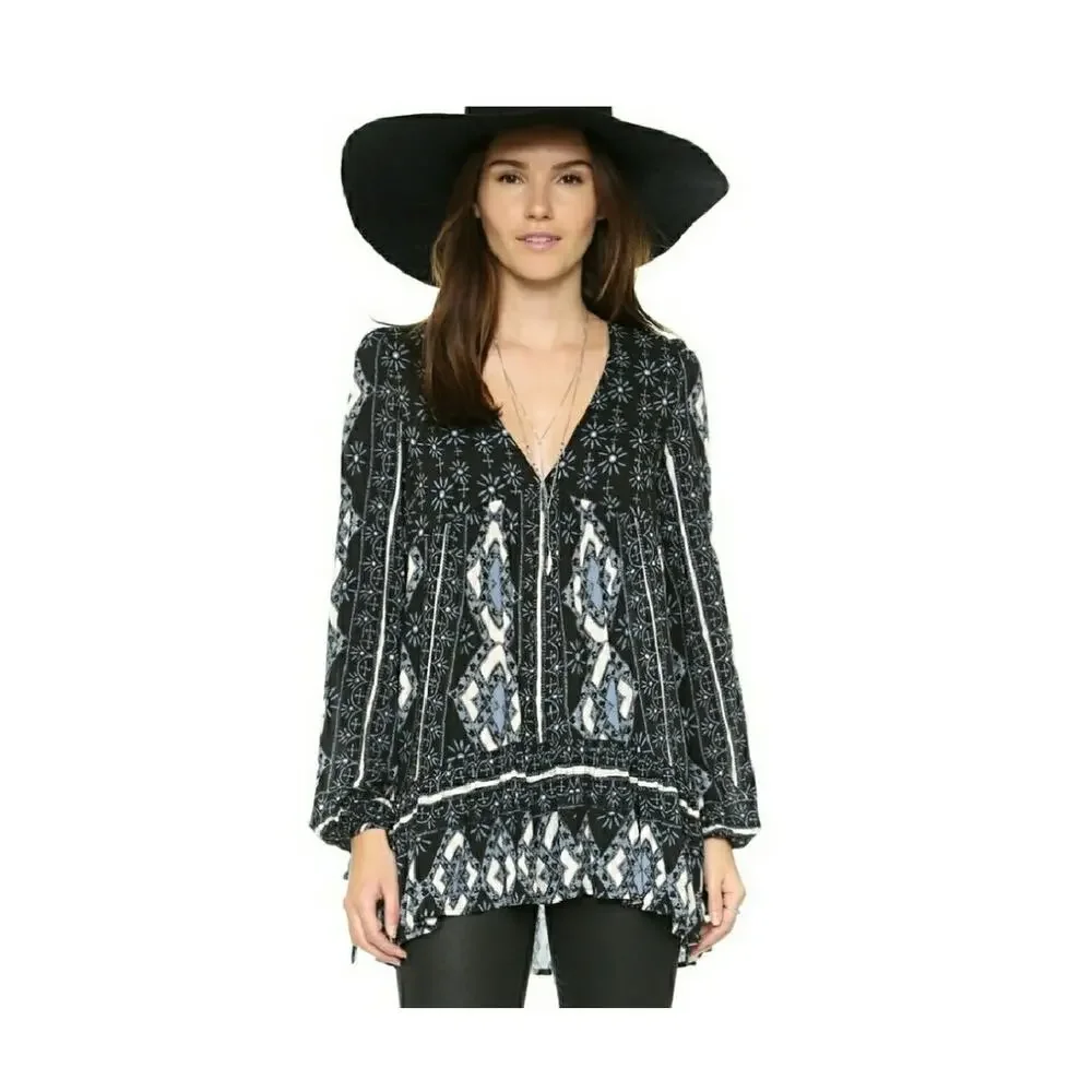 Free People Down by The Bay Tunic Top S Black Boho Flowy